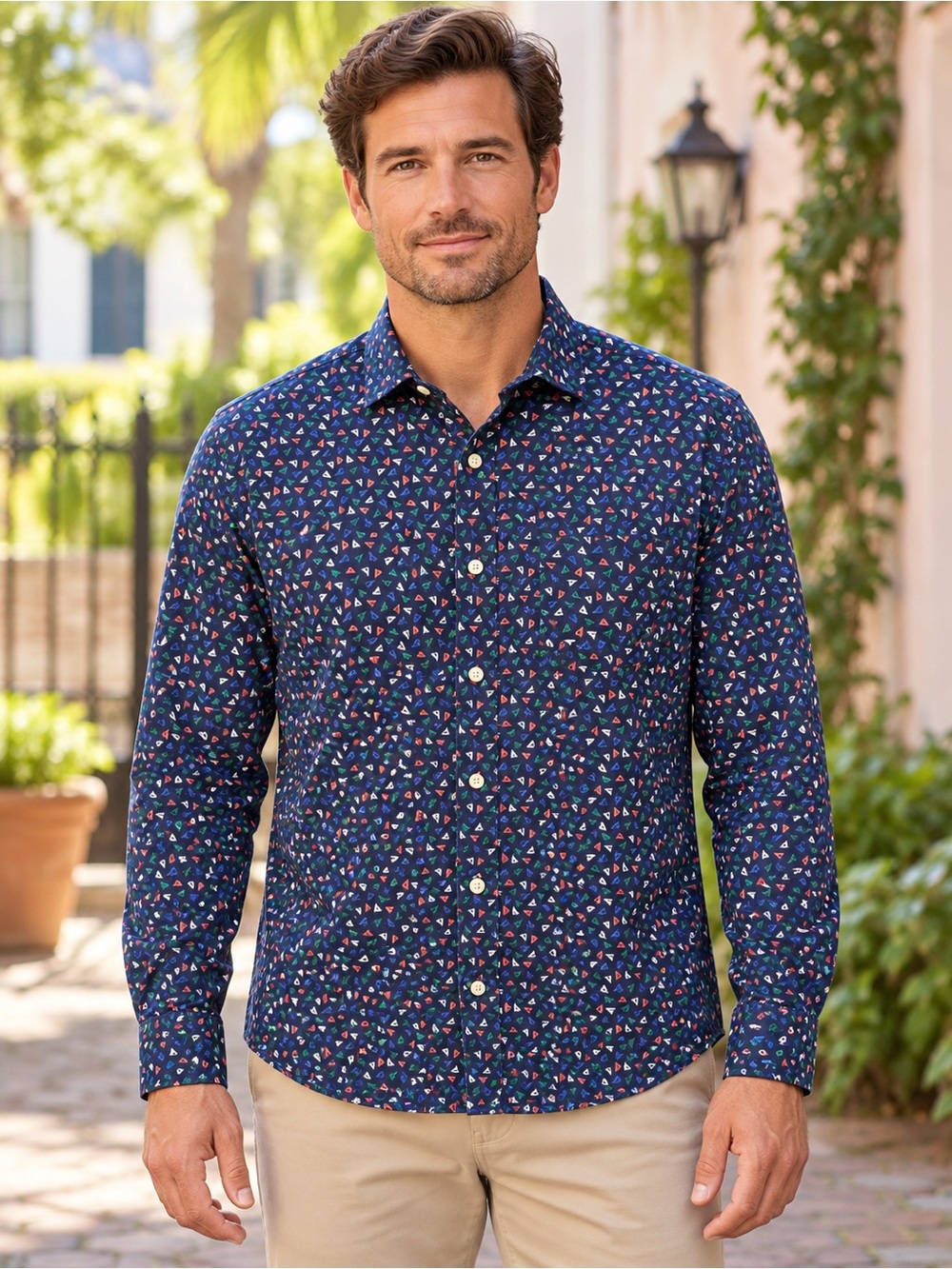 Charleston Threads Men’s Medium Navy Sailboat Print Cotton Button Down Shirt